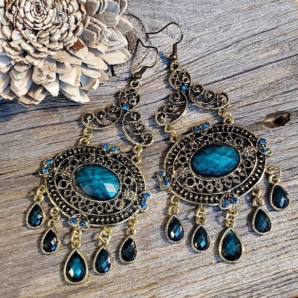 Vintage Neo Victorian Glam Long Faux Stone Dangle Earrings - Picture 1 of 9